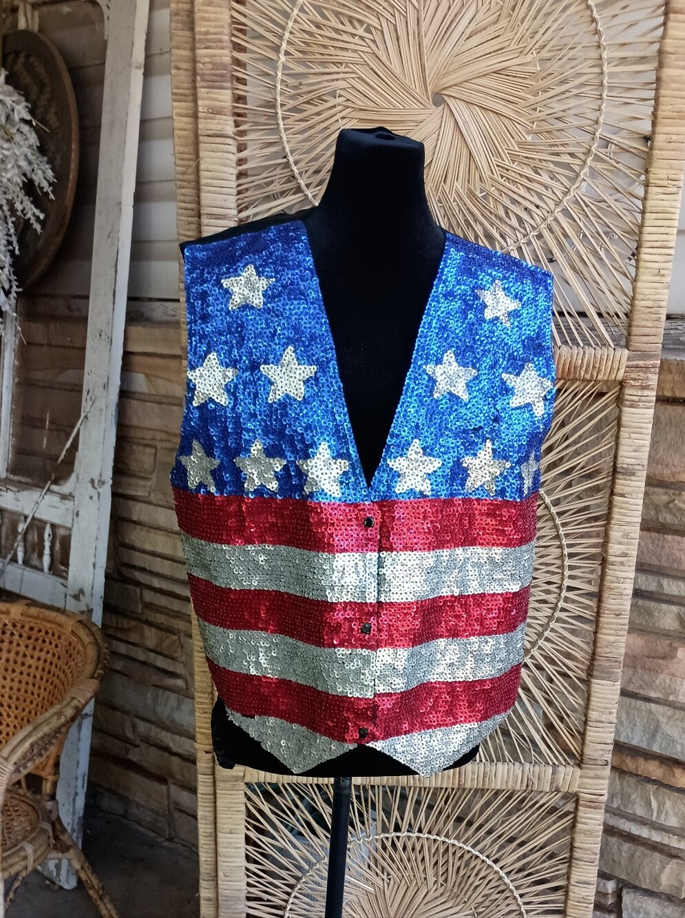 Vintage Sequin Patriotic American Flag Vest - Blue, Red & Silver_L